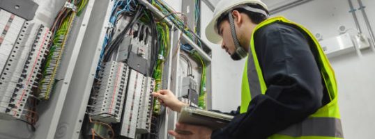 Electrical Engineer team working front control panel, An electrical engineer is installing and using a tablet to monitor the operation of an electrical control panel in a factory service room.
